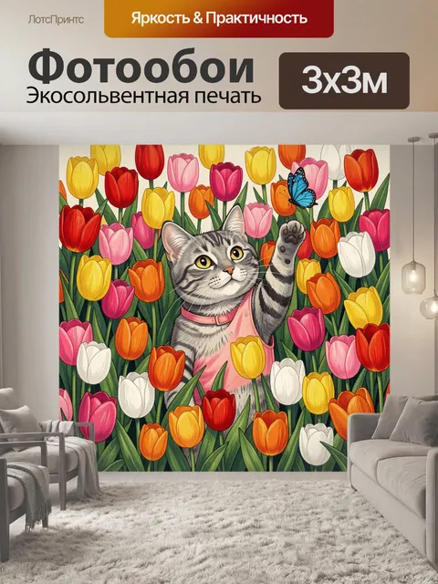 Фотообои Котенок среди тюльпанов и бабочки