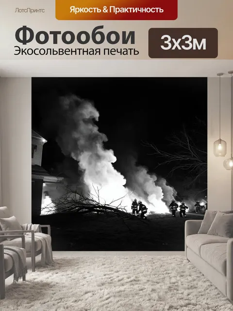 Фотообои драматическая сцена ночного пожара в городской части, где пожарные борются с огнем, освещая темный небосклон
