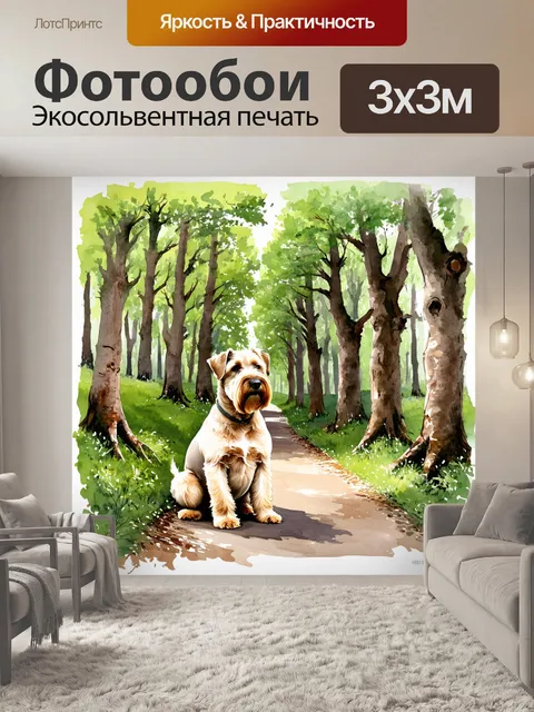 Фотообои лесная тропа, окруженная величественными деревьями, где ирландский мягкошерстный пшеничный терьер…