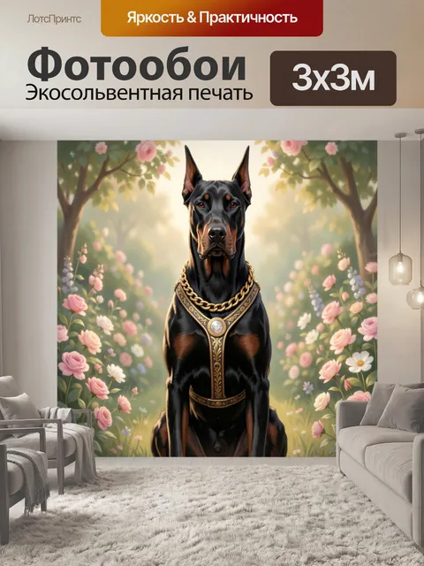 Фотообои Доберман в цветущем саду