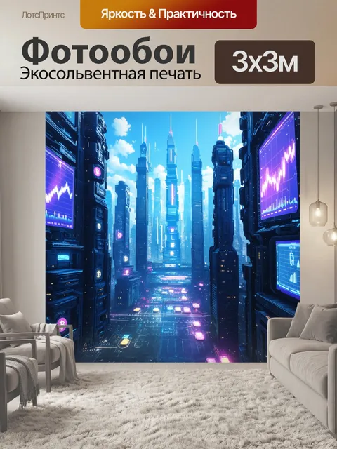 Фотообои визуализация огромного города будущего, где высотные здания покрыты светящимися логотипами криптовалют
