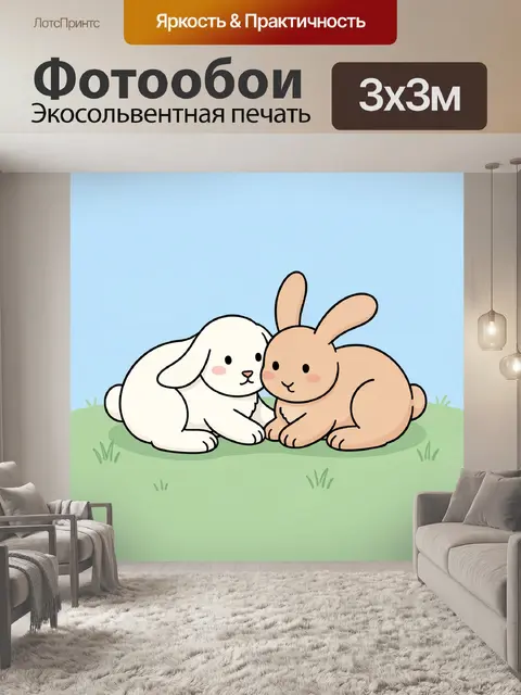 Фотообои Зайчик и щенок на лужайке