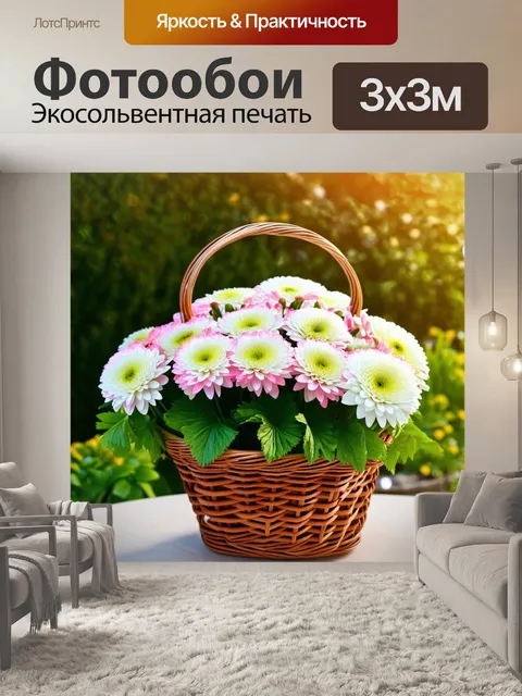 Фотообои Корзина, с большим букетом белых и бледно-розовых цветов хризантем с зелеными листьями, стоит на столе под…