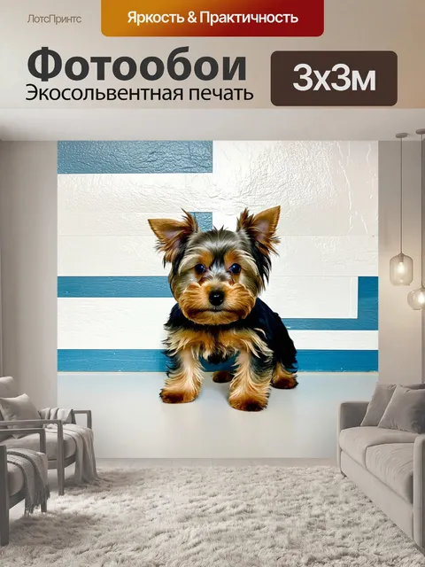 Фотообои симпатичный йоркширский терьер на фоне текстурированной стены с голубыми и белыми полосами