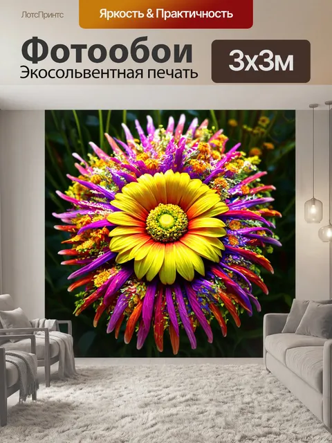 Фотообои цветы в стиле иллюстрация, где цветы выглядят как сказочные существа, с морфингом форм и цветов