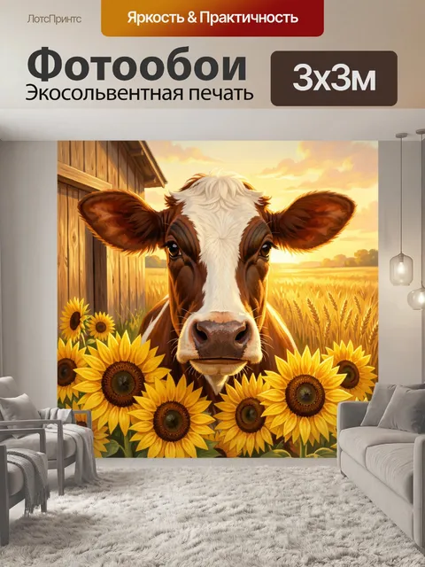 Фотообои Корова среди подсолнухов