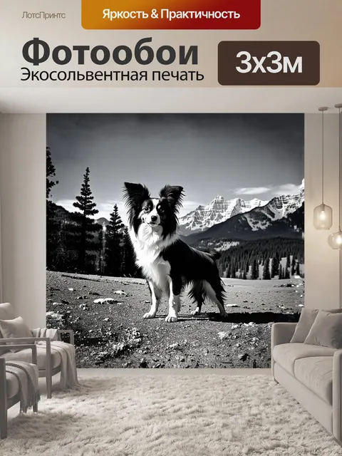 Фотообои взрослый папильон, стоящий на фоне живописного горного пейзажа с величественными вершинами и сосновыми лесами