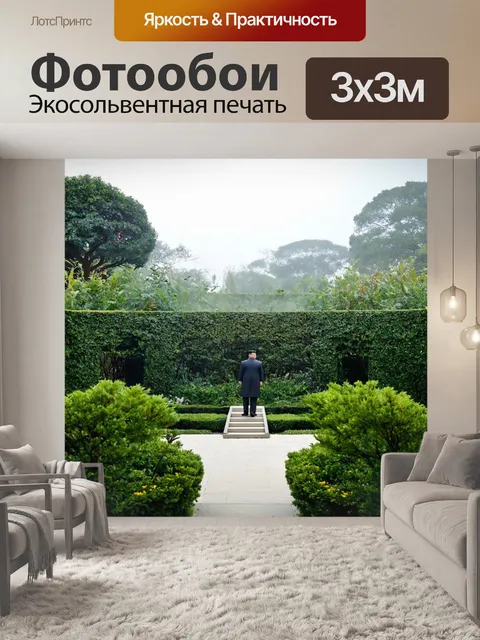 Фотообои тайный сад, встречаяышает утро с легким туманом, где образы достижений ким чен ына становятся частью природы