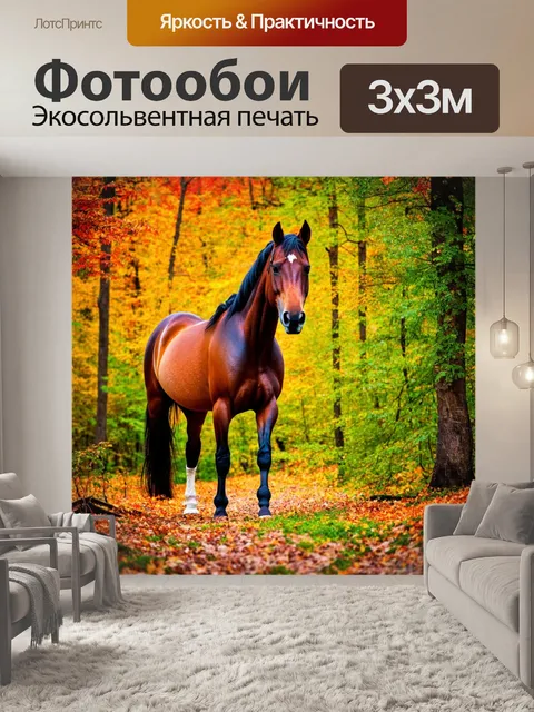 Фотообои лошадь в лесу, окруженная деревьями и яркими листьями