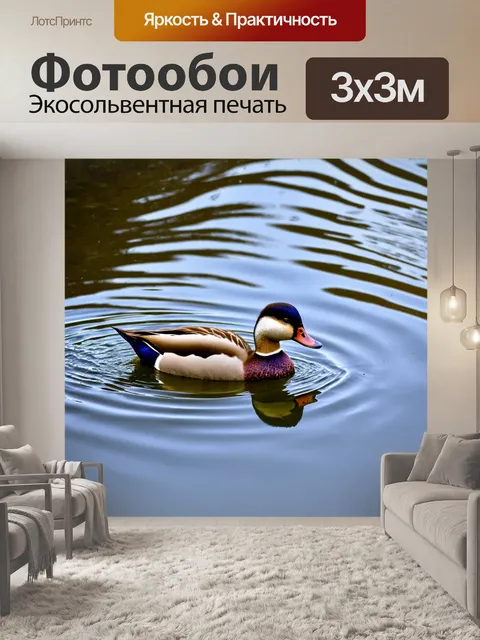 Фотообои животные в стиле минимализм с уткой, плавающей в зеркальном озере среди деревьев