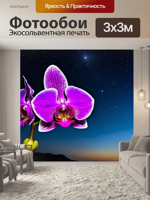 Фотообои орхидея на фоне ночного неба, заполненного яркими звездами и блестящими кометами