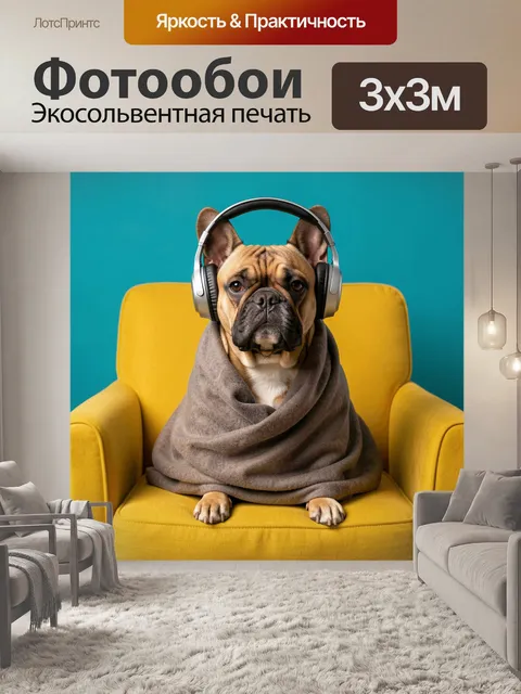 Фотообои Бульдог в наушниках и пледе