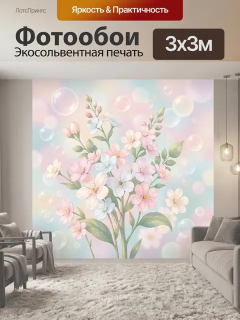 Фотообои Цветущая ветка с бутонами и мыльными пузырями