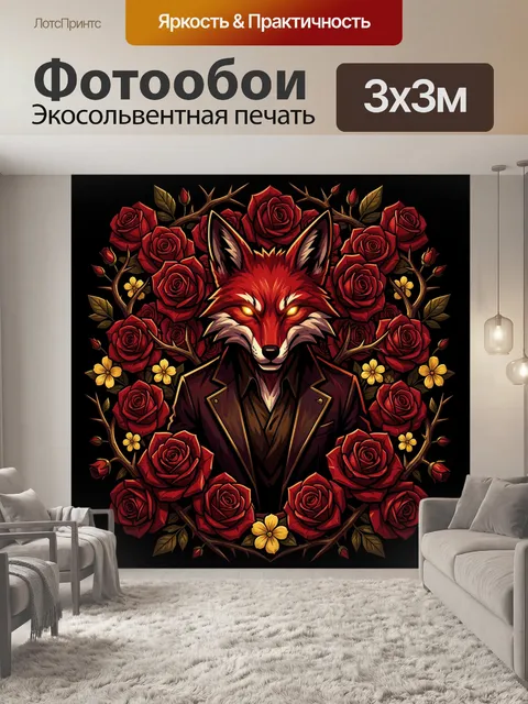 Фотообои Лис в окружении красных роз