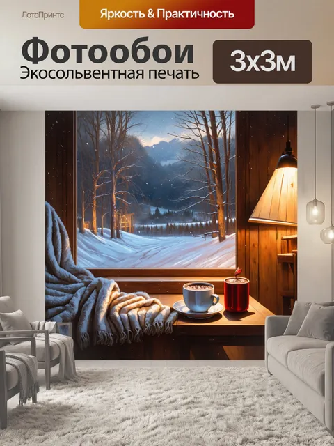 Фотообои лофт, изображающие зимний пейзаж с большим окном, за которым виден падающий снег
