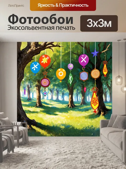 Фотообои лесная поляна, где шарики в форме амулетов висят на ветках деревьев, вокруг которых вращаются символы защиты