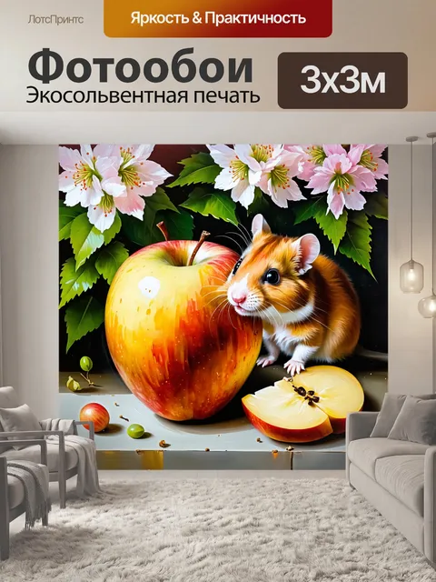 Фотообои восхитительный натюрморт, где хомяк грызёт кусочек сочного яблока на фоне цветущих растений