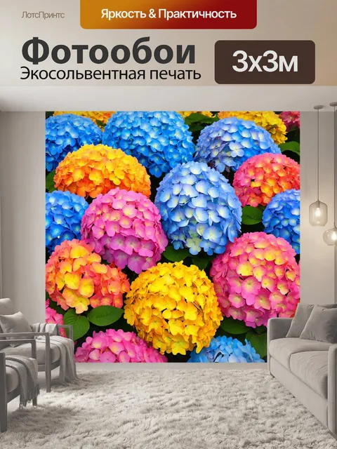 Фотообои цветы в стиле манга, великолепные гортензии с множеством оттенков, смешанных вместе, создающие эффект омбре