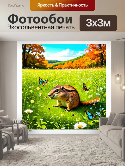 Фотообои суслик, занятой сбором семян в густом зеленом поле, окруженном яркими цветами и бабочками