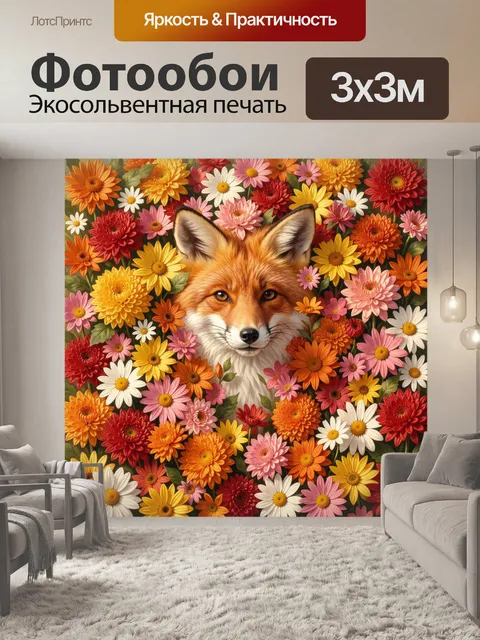 Фотообои Лиса среди ярких цветов