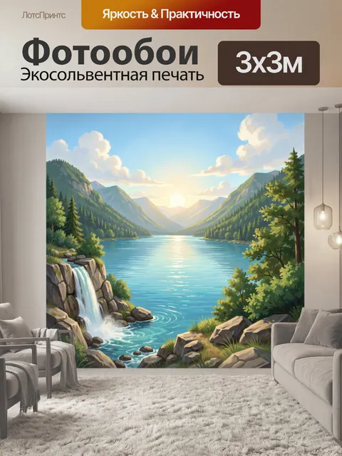Фотообои Горная долина с озером и водопадом