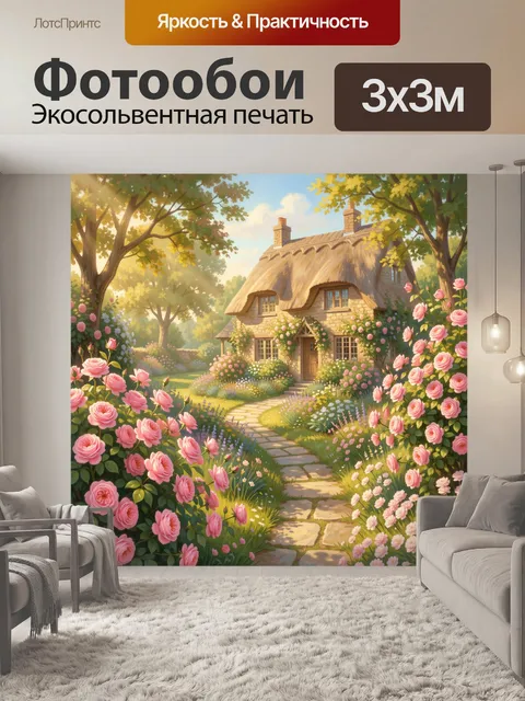 Фотообои Сказочный домик в розовом саду