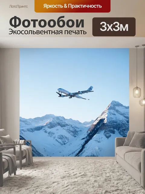 Фотообои самолет в стиле минимализм среди заснеженных пиков