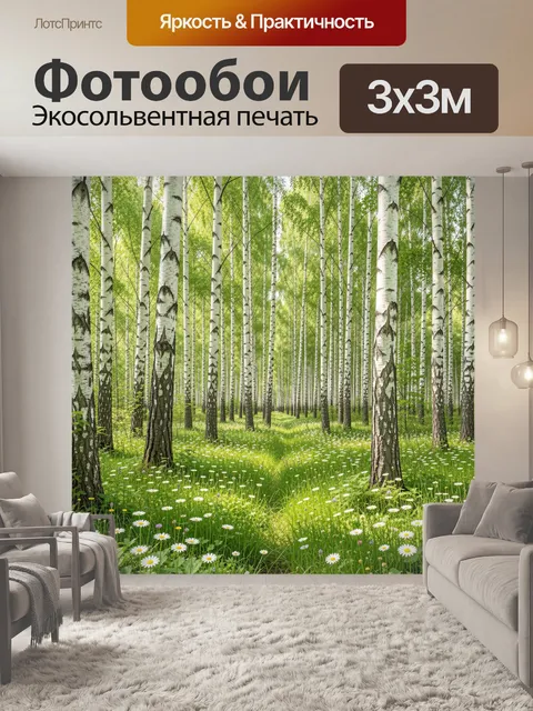 Фотообои Березовая роща с ромашками