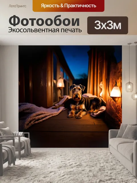 Фотообои эрдльтерьер, лежащий на веранде старинного дома, окружённый мягкими светильниками и уютными пледами