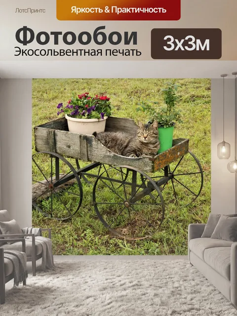 Фотообои Кошка спит в цветочной тележке