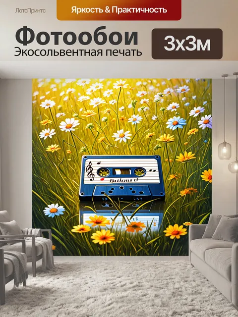 Фотообои лежащая в траве кассета, с которой исходят музыкальные ноты, образующие мелодию в виде цветов, растущих вокруг