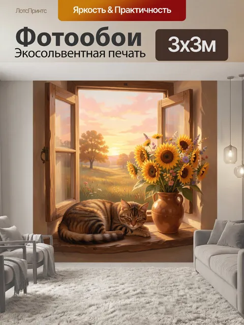 Фотообои Кот и подсолнухи у окна