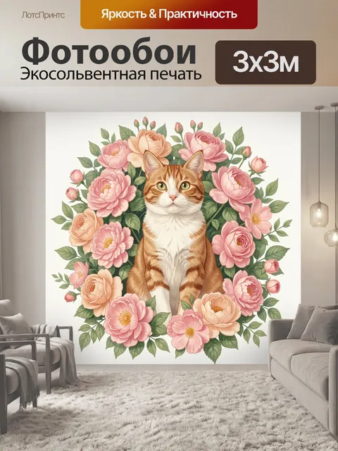 Фотообои Рыжий кот в венке из роз
