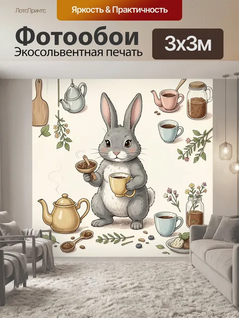 Фотообои Кролик с чашкой чая и травами