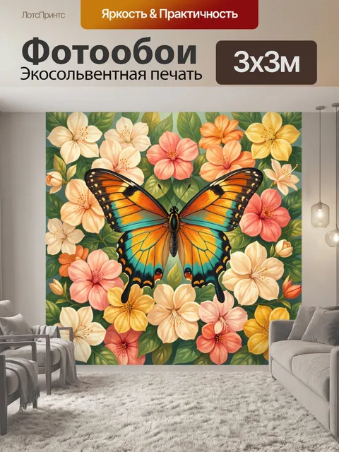 Фотообои Яркая бабочка среди тропических цветов