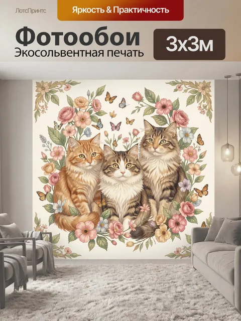 Фотообои Три пушистых кота среди цветов