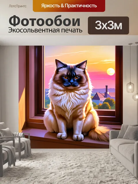 Фотообои священный бирманский кот, сидящий на подоконнике, сквозь окно виден вечерний закат с яркими красками