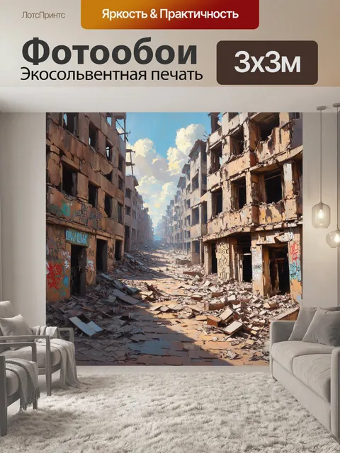 Фотообои пейзаж разрушенного города после революции, где руины зданий покрыты лозунгами и протестными граффити