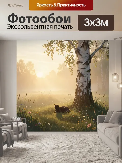 Фотообои Кот у берёзы в тёплом тумане