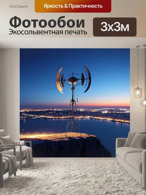 Фотообои старая антенна, стоящая на обрыве, с видом на городской пейзаж