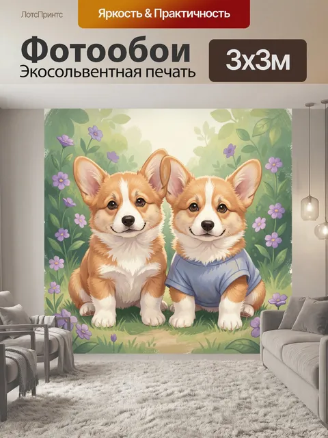 Фотообои Два милых корги в саду