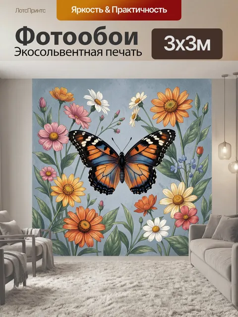 Фотообои Бабочка монарх среди цветов