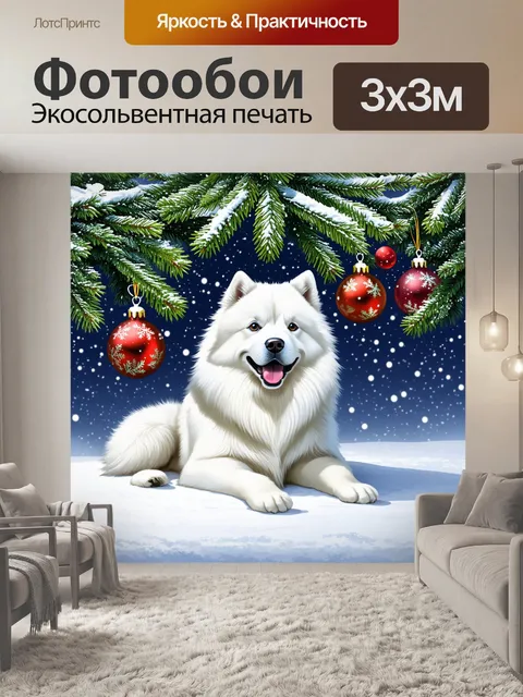 Фотообои самоед лежит под еловым деревом, укрытым снегом, с радостным взглядом, наблюдая за падающей снежной бурей