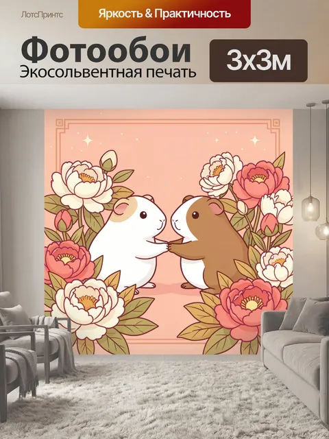 Фотообои Две морские свинки с пионами