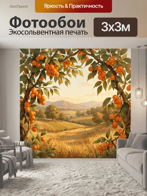 Фотообои Ветви с оранжевой рябиной над полями