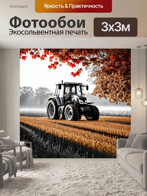 Фотообои мощный трактор, работающий на осеннем поле с красными и оранжевыми листьями, недельный туман повис на…