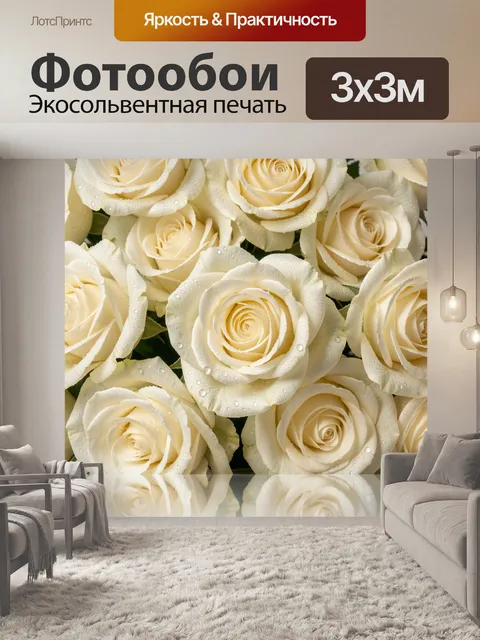 Фотообои Кремовые розы с каплями росы
