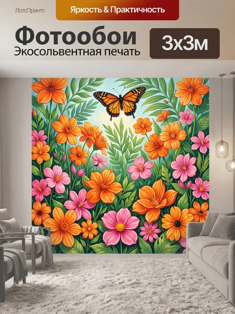 Фотообои Яркие цветы и бабочка в саду
