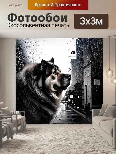 Фотообои грустный чау-чау на фоне дождливого городского пейзажа, капли воды по стеклу добавляют глубину и эмоцию