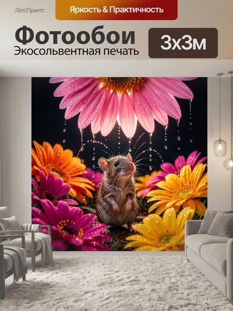Фотообои Мышонок среди ярких цветов